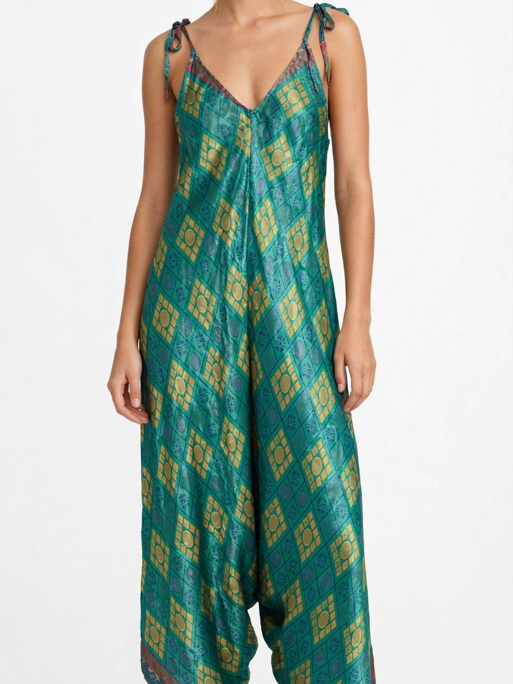 Green And Yellow Geometric Silk Jumpsuit Baizaar